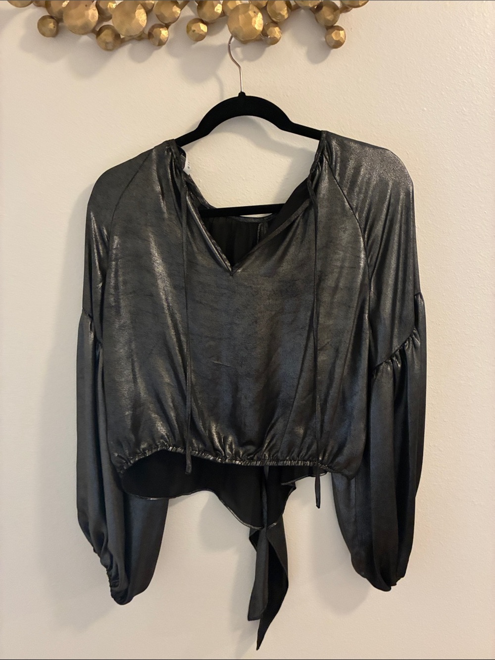 Gianni Bini Metallic Charcoal Tie-Front Blouse
